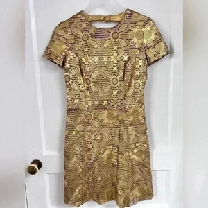Talie Nk Gold Metallic Perforated Laser Floral Cut Out Dress $1280